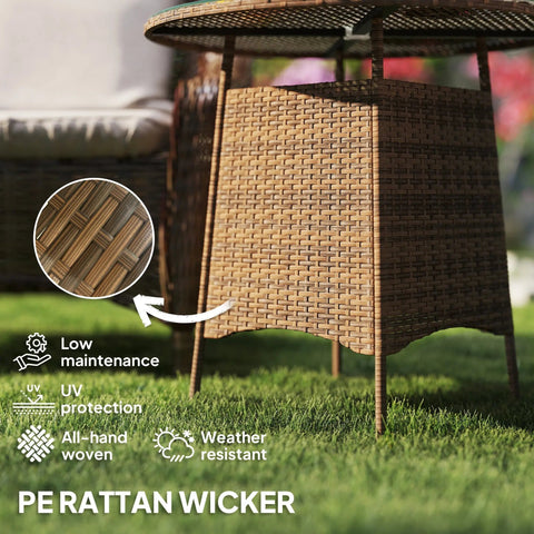 Brown outsunny wicker rattan table with tempered glass top umbrella hole and curved legs for outdoor patio use