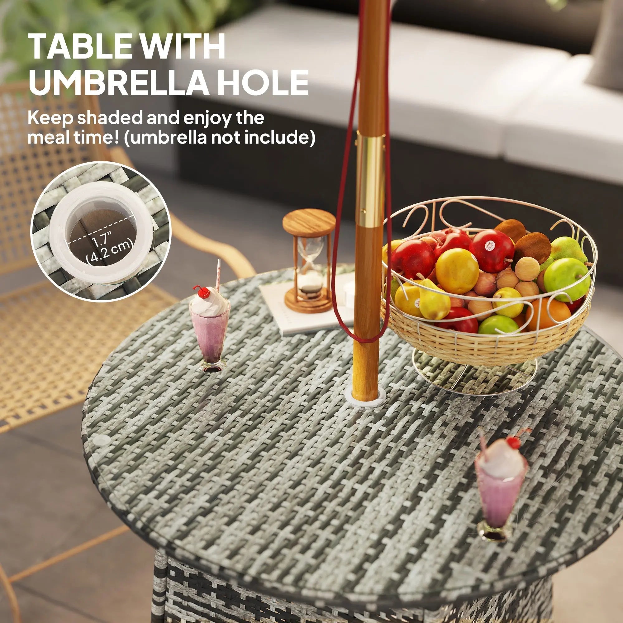 Gray outsunny wicker rattan table with tempered glass top and central umbrella hole for outdoor patio use