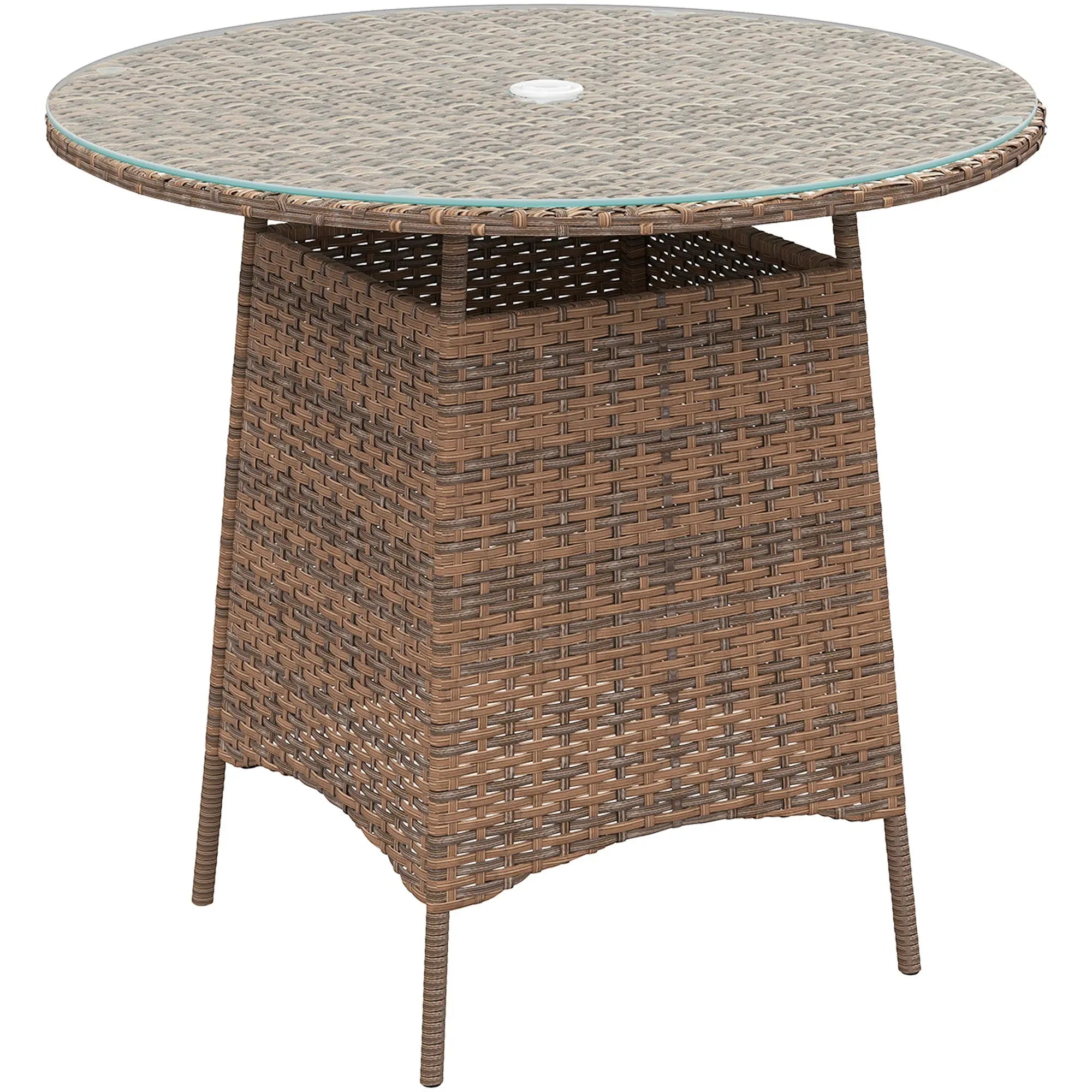 Brown outsunny wicker rattan table with tempered glass top umbrella hole and storage for outdoor patio use