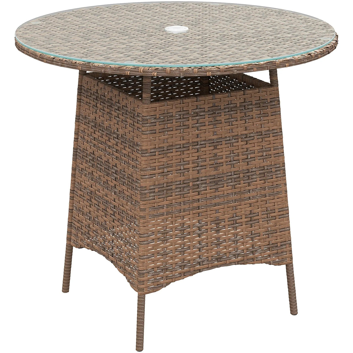 Brown outsunny wicker rattan table with tempered glass top umbrella hole and storage for outdoor patio use