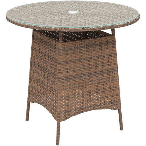 Brown outsunny wicker rattan table with tempered glass top umbrella hole and storage for outdoor patio use
