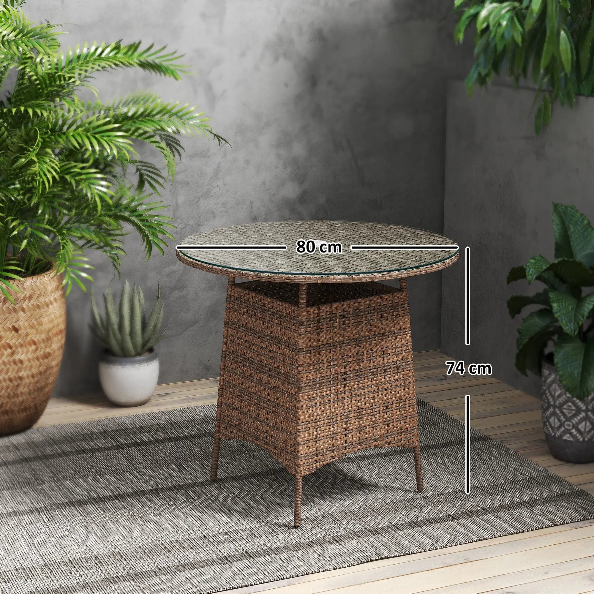 Brown outsunny wicker rattan table with tempered glass top and umbrella hole for outdoor patio use