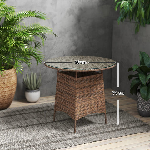 Brown outsunny wicker rattan table with tempered glass top and umbrella hole for outdoor patio use