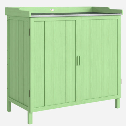 Light green outsunny wood garden storage cabinet with stainless steel top and vertical plank doors for outdoor use