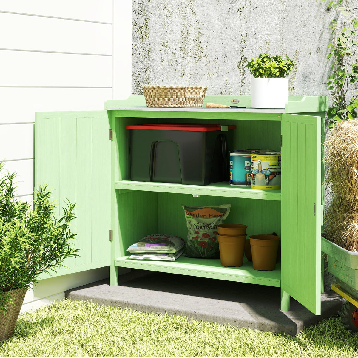Bright green outsunny wood garden storage cabinet with open doors showing shelves of gardening supplies and tools