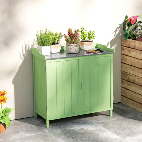 Light green outsunny wood garden storage cabinet with gray stone countertop and vertical panel doors for outdoor use