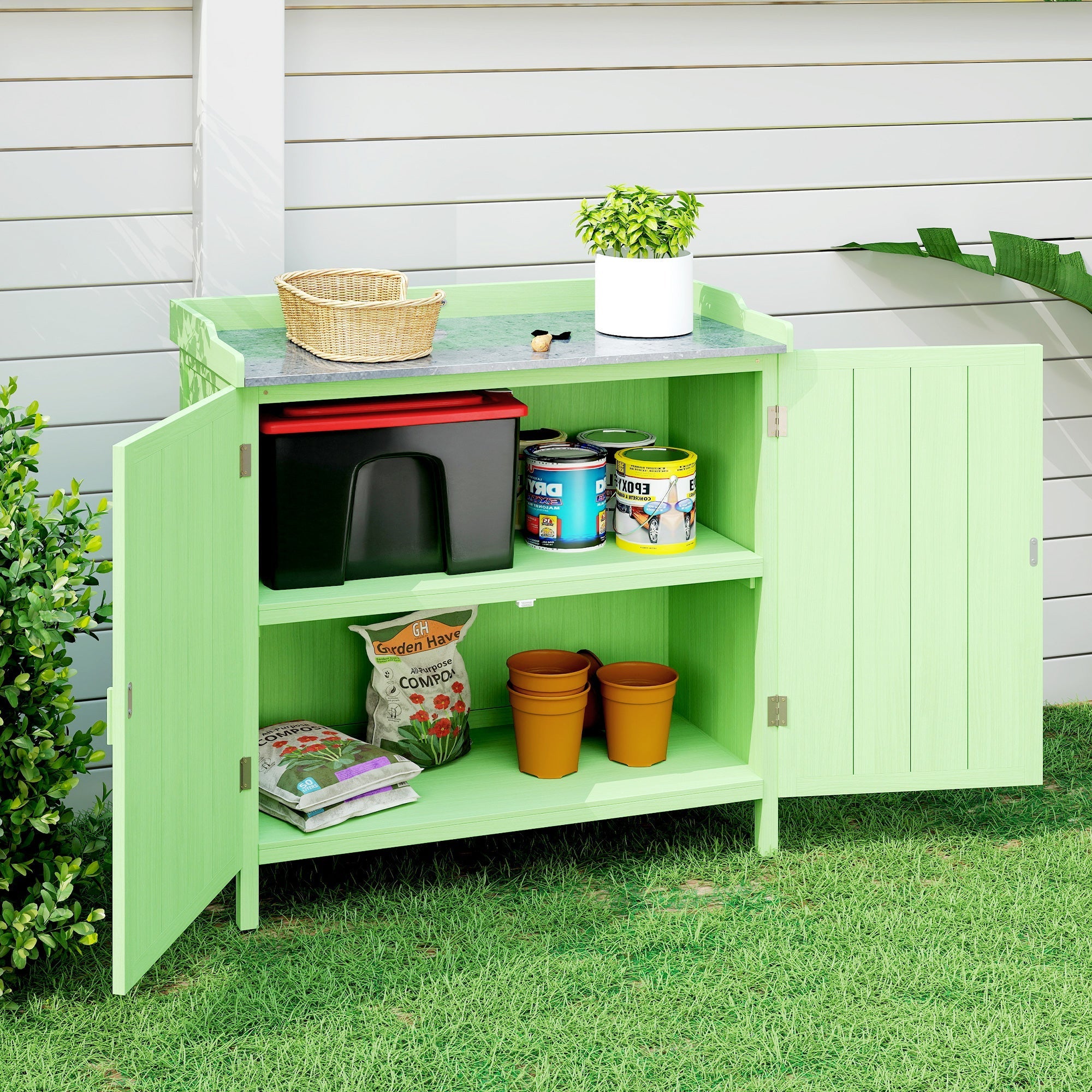 Light green outsunny wood garden storage cabinet with gray stone countertop and open shelves for tools or pool gear