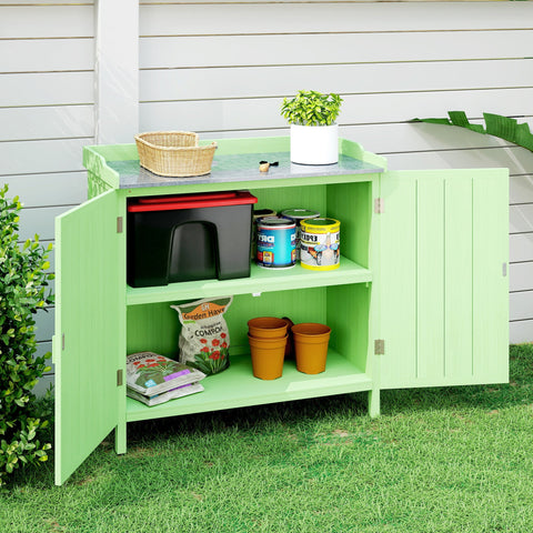 Light green outsunny wood garden storage cabinet with gray stone countertop and open shelves for tools or pool gear