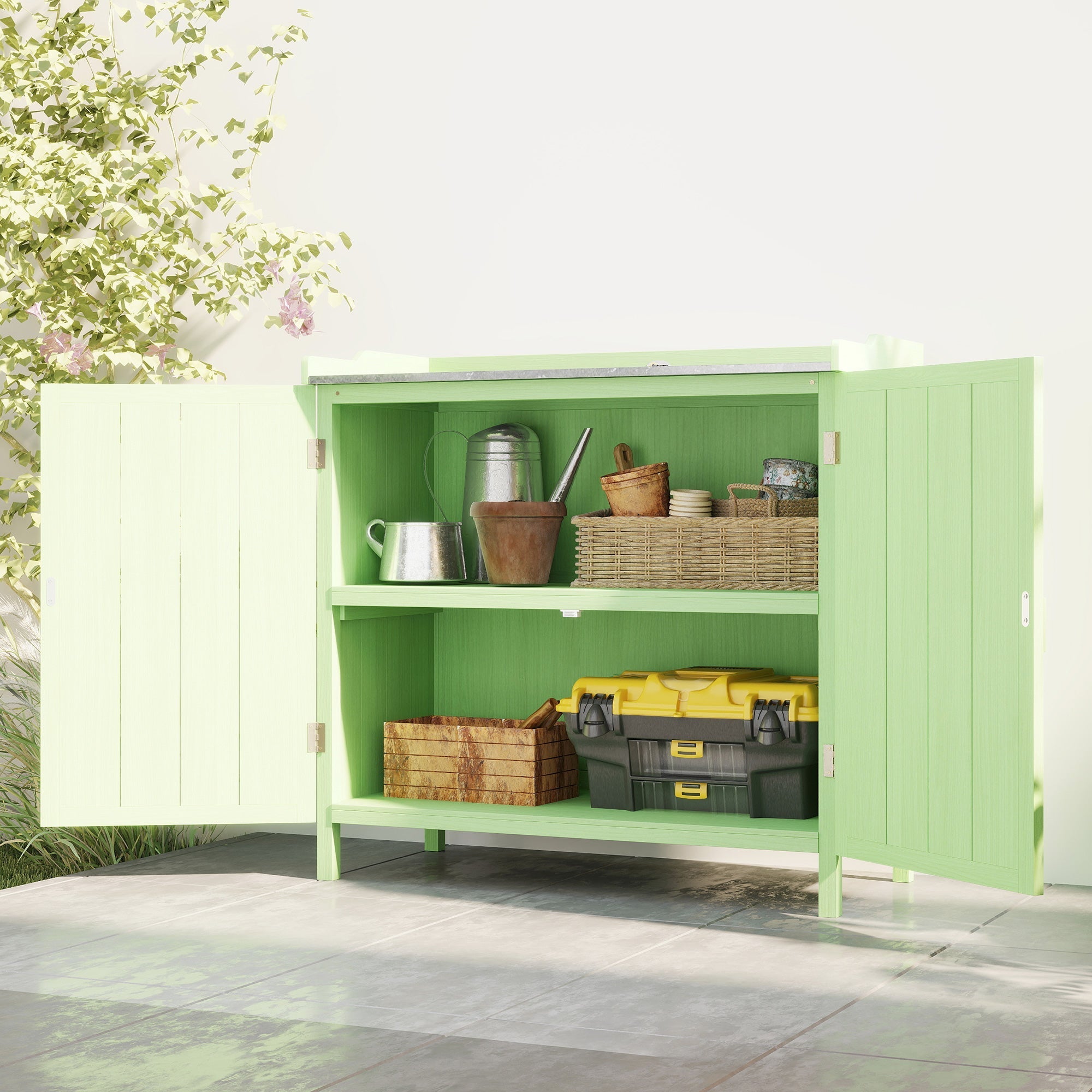 Mint green outsunny wood garden storage cabinet with vertical doors and open shelves holding tools and baskets
