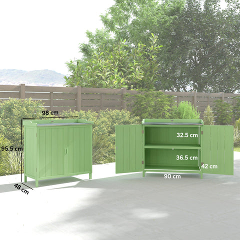 Green outsunny wood garden storage cabinet with two doors open showing interior shelves for tools or pool accessories