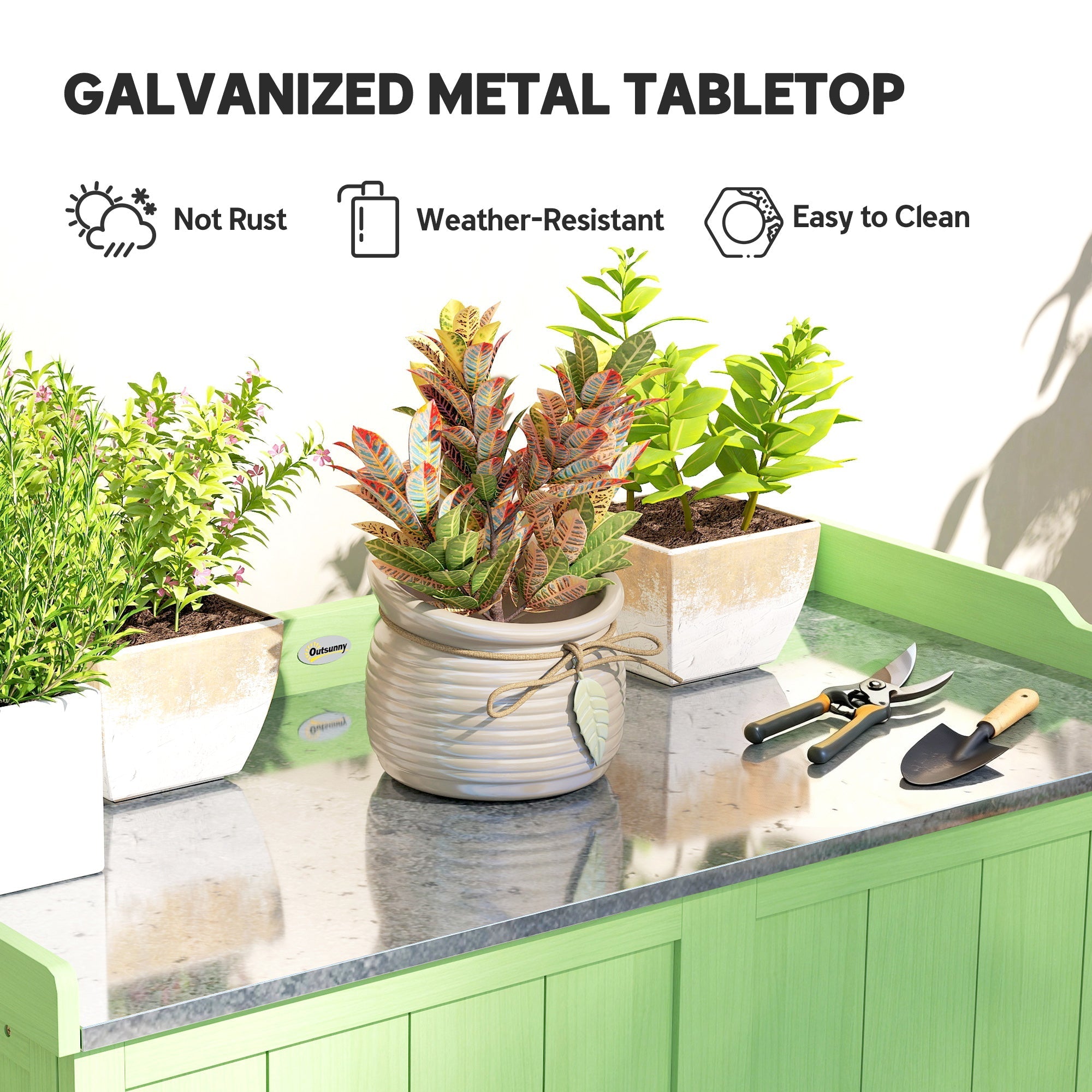 Outsunny wood garden storage cabinet with galvanized metal tabletop and weather-resistant green finish for outdoor use