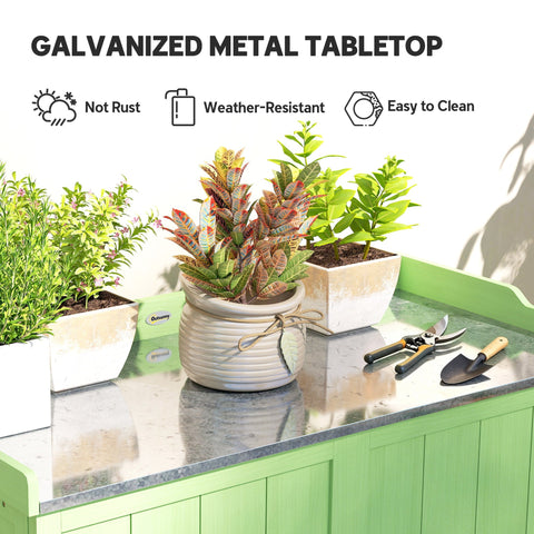 Outsunny wood garden storage cabinet with galvanized metal tabletop and weather-resistant green finish for outdoor use