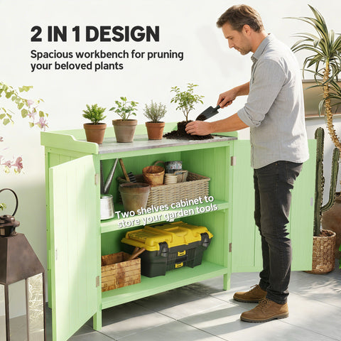 Light green outsunny wood garden storage cabinet with gray stone top and open shelves for tools or pool accessories