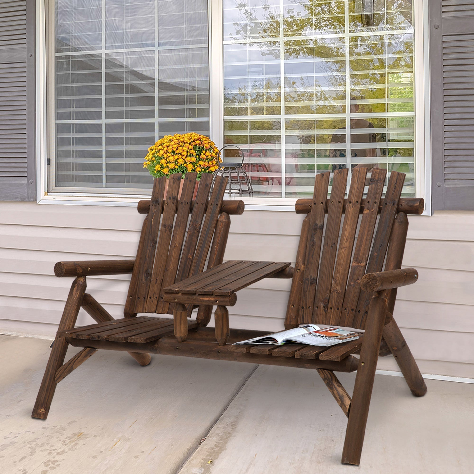 Dark brown fir wood adirondack style double chair with middle table outsunny wood patio jack and jill seat carbonized