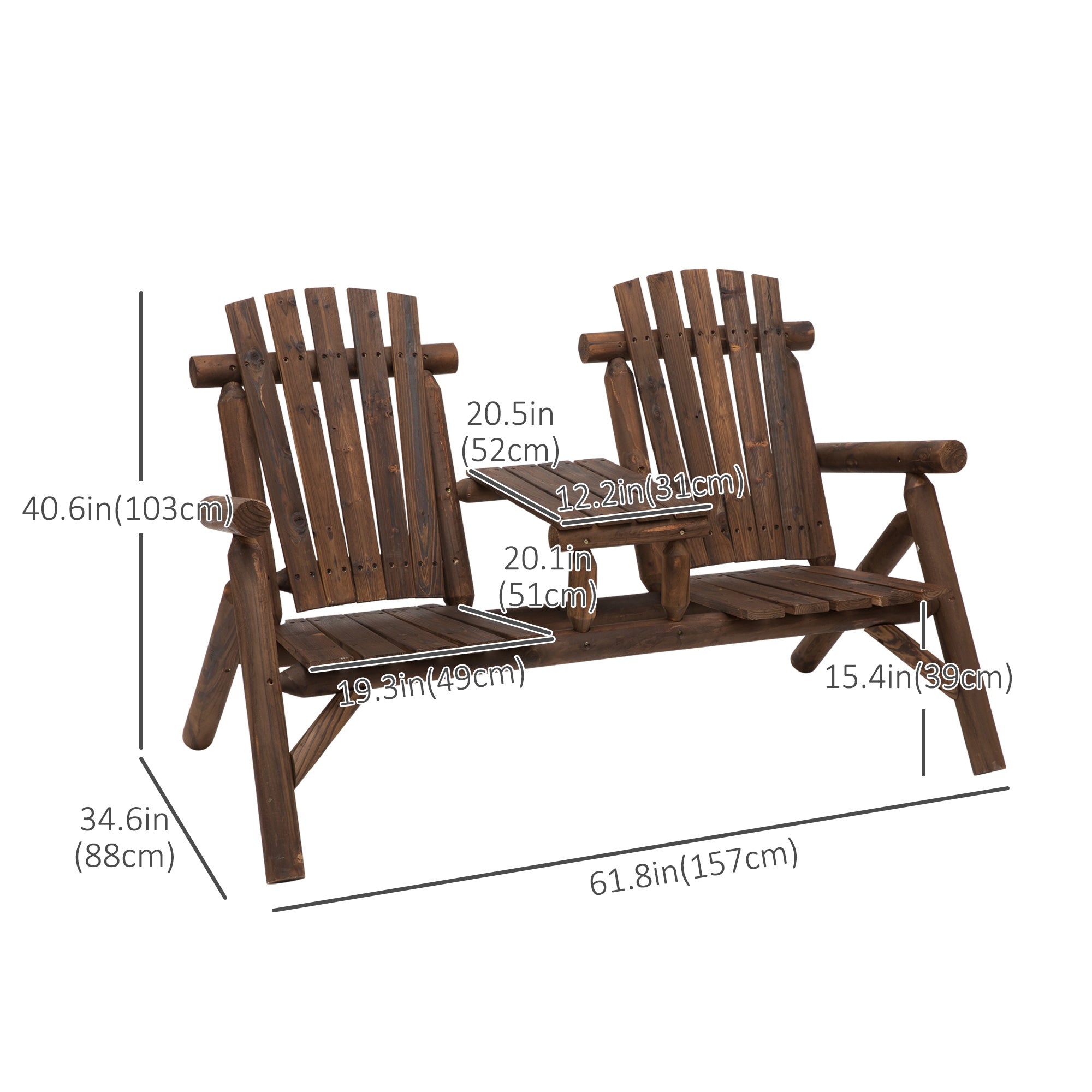 Dark brown fir wood adirondack double bench with integrated middle table for outdoor patio use