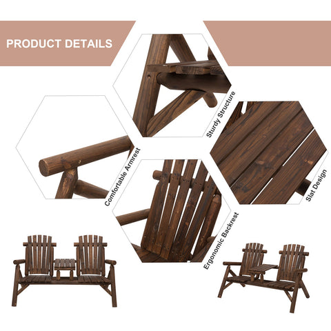 Outsunny dark brown fir wood Adirondack double chair with middle table perfect for patio and garden use