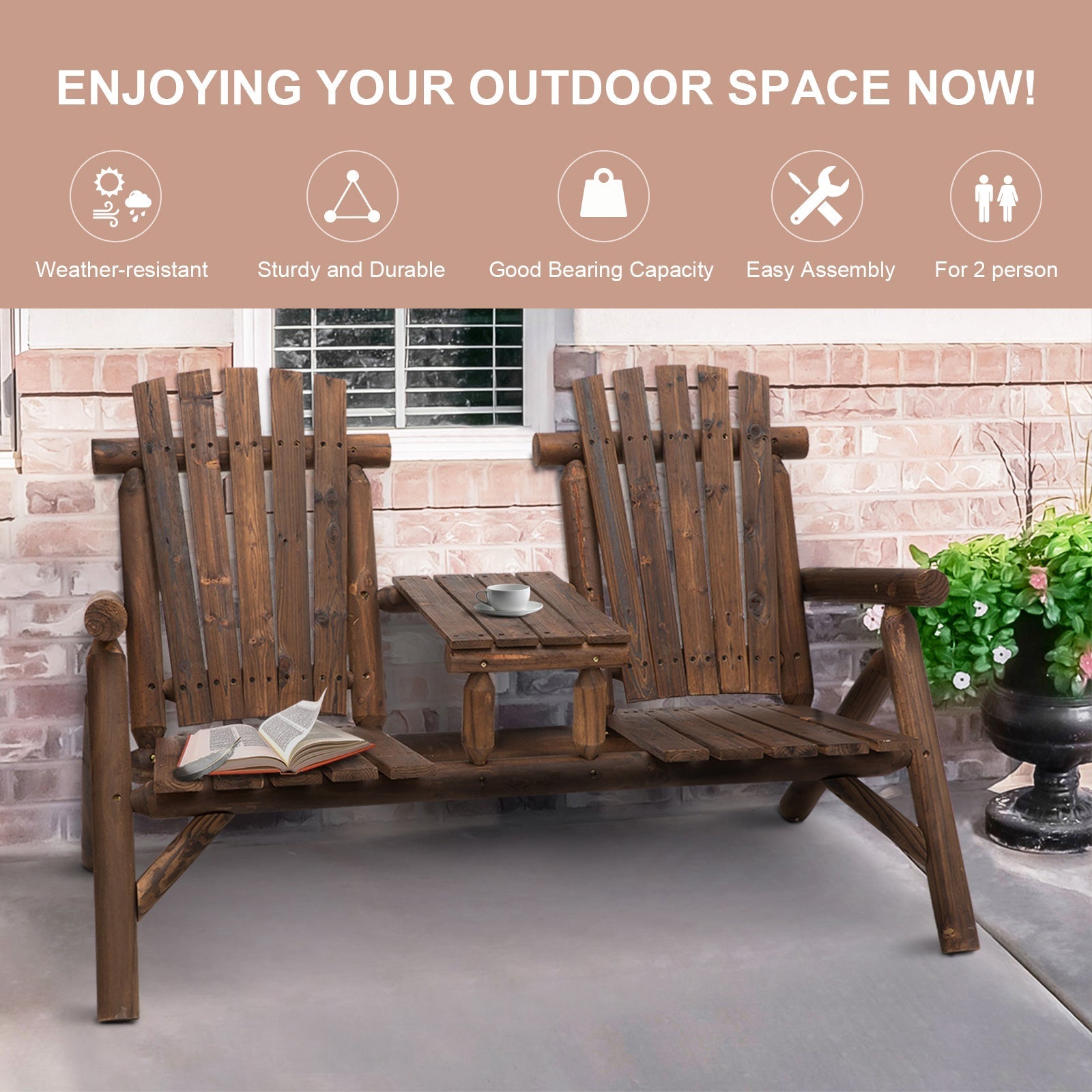 Brown fir wood adirondack bench for two with integrated middle table perfect for outdoor patio use