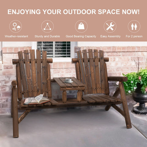 Brown fir wood adirondack bench for two with integrated middle table perfect for outdoor patio use