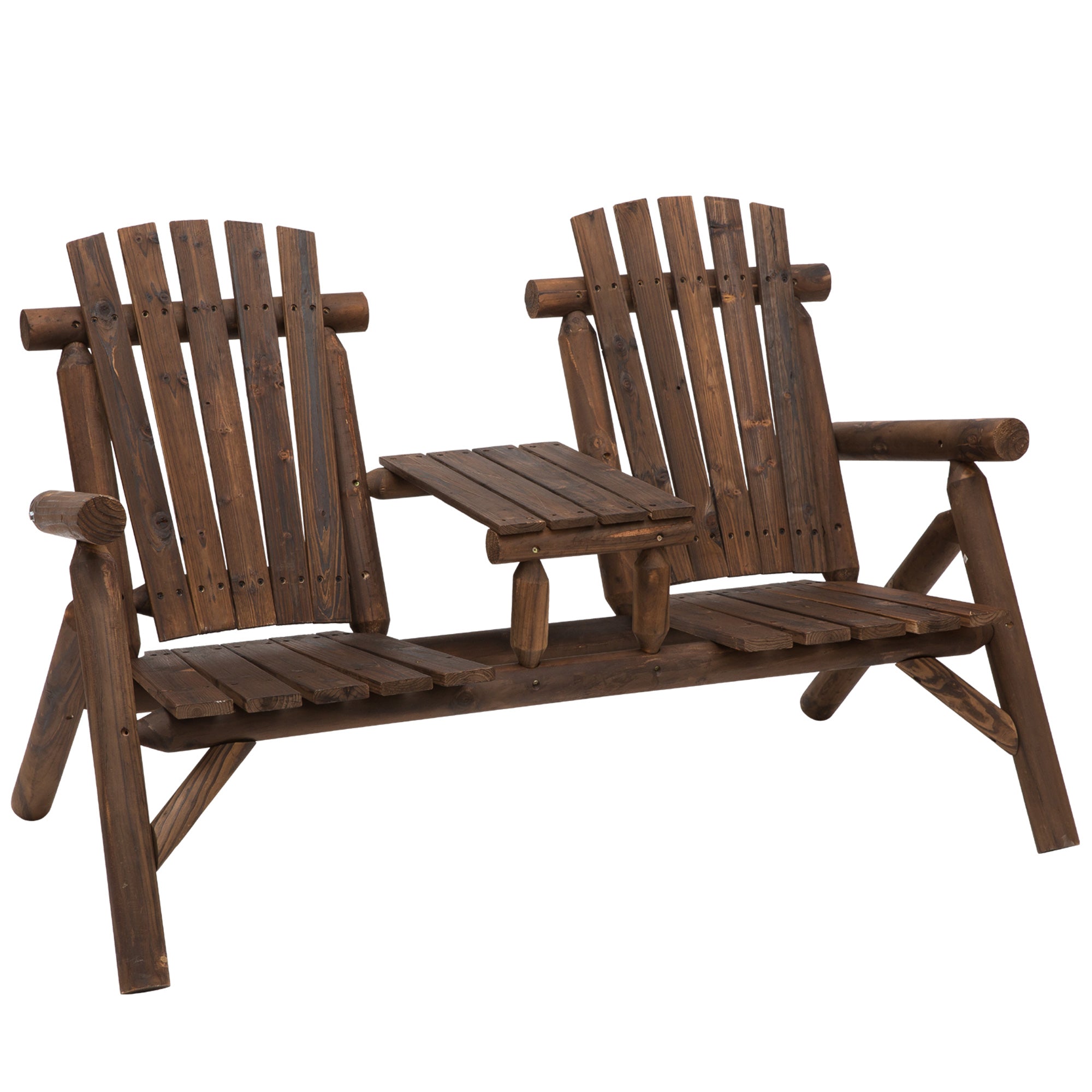 Dark brown fir wood adirondack bench with middle table and carbonized finish perfect for outdoor patio seating