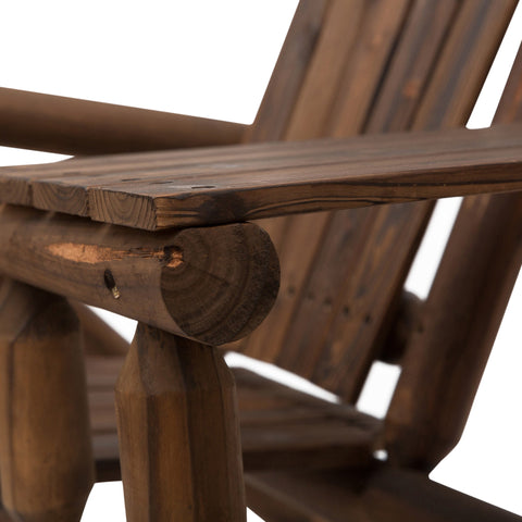 Dark brown adirondack chair with rustic fir wood log-style frame and middle table in carbonized finish