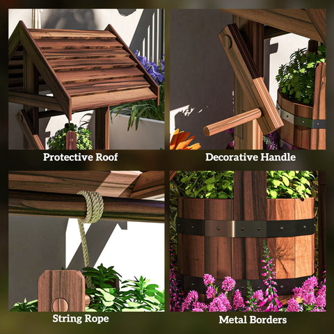 Outsunny wood wishing well with hanging bucket, carbonized fir wood effect, slanted roof, string rope, and metal borders