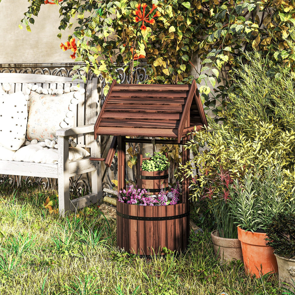 Outsunny wood wishing well planter with slanted roof, fir wood carbonized finish, hanging bucket, vibrant purple flowers