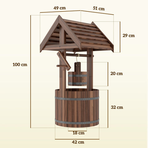 Rustic outsunny wood wishing well with fir wood effect, hanging bucket, pulley, and metal bands for garden patio use