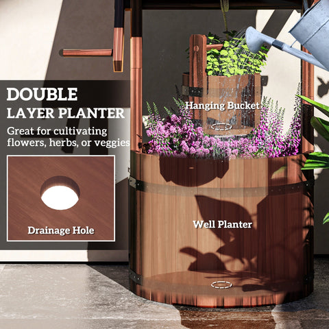 Outsunny wood wishing well planter with hanging bucket and copper accents in natural fir wood effect for garden patio