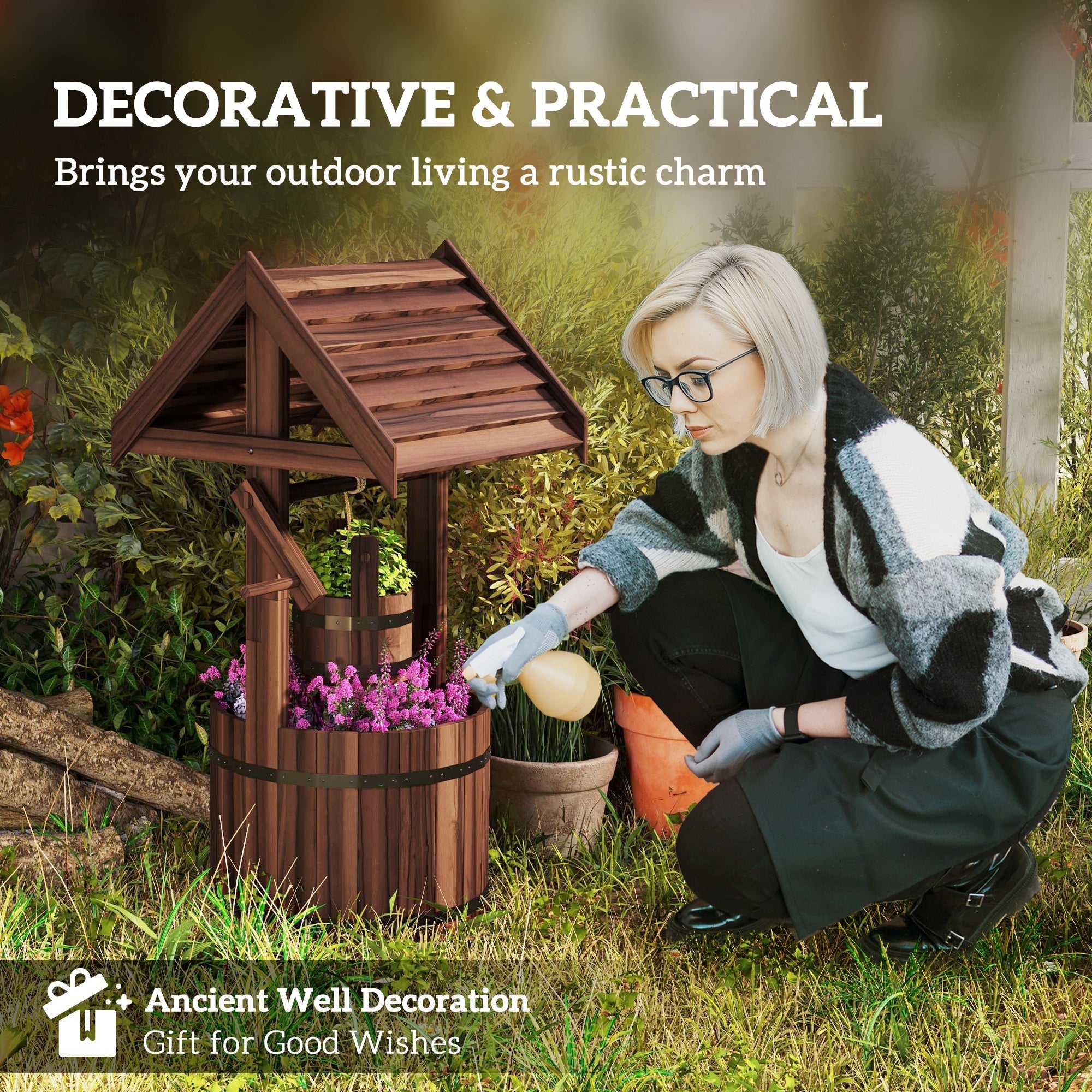 Outsunny wood wishing well planter in brown fir wood effect with hanging bucket and purple flowers for garden patio