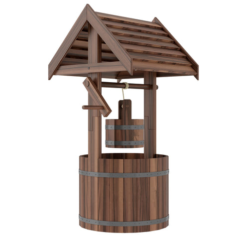 Brown wood effect wishing well planter with hanging bucket and metal bands made of fir wood for garden patio