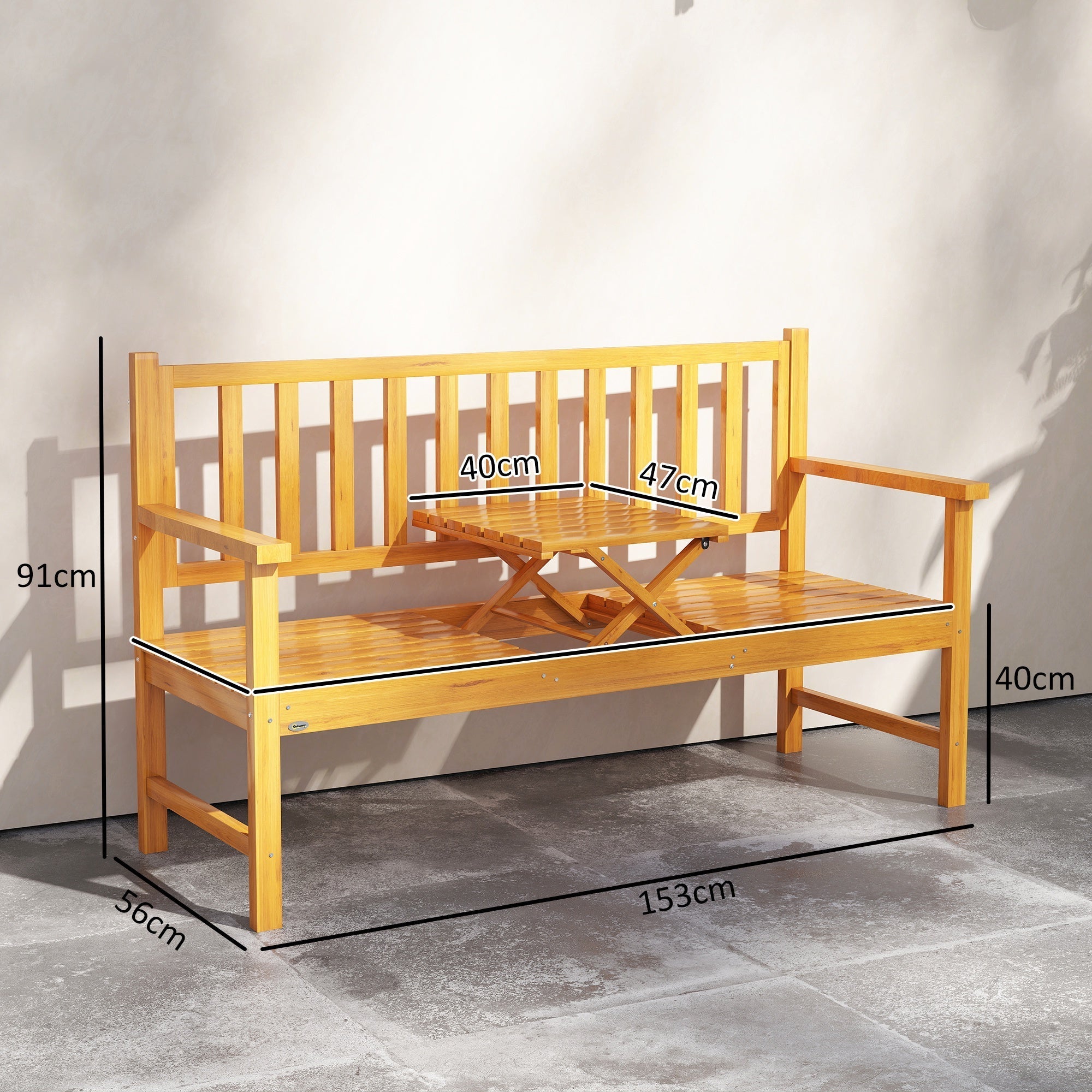 Outsunny light brown pine wood bench with liftable middle table armrests and vertical slats for outdoor seating