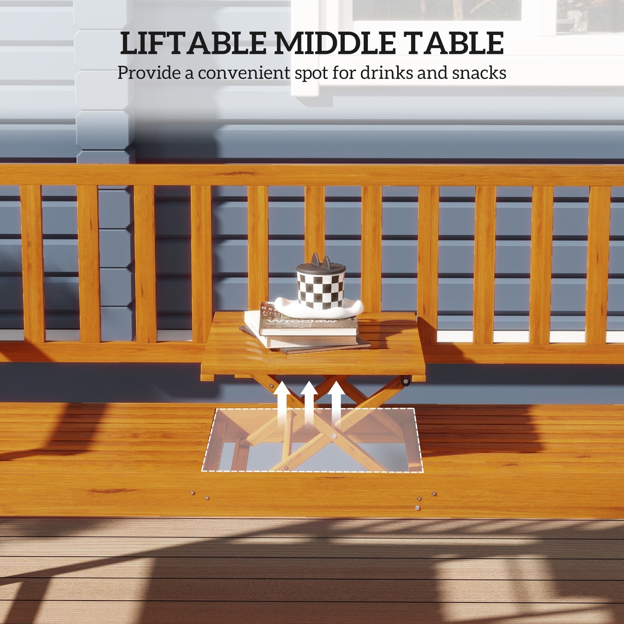 Outsunny wooden bench with a light brown pine wood liftable middle table featuring fold-down design and visible hinges