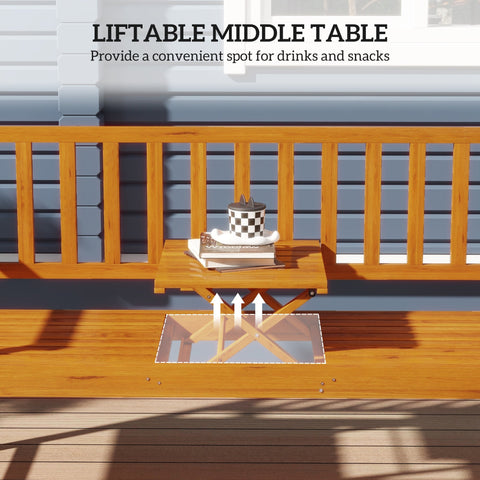 Outsunny wooden bench with a light brown pine wood liftable middle table featuring fold-down design and visible hinges