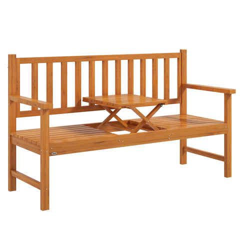 Outsunny light brown pine wood bench with liftable middle table perfect for outdoor patio or garden seating