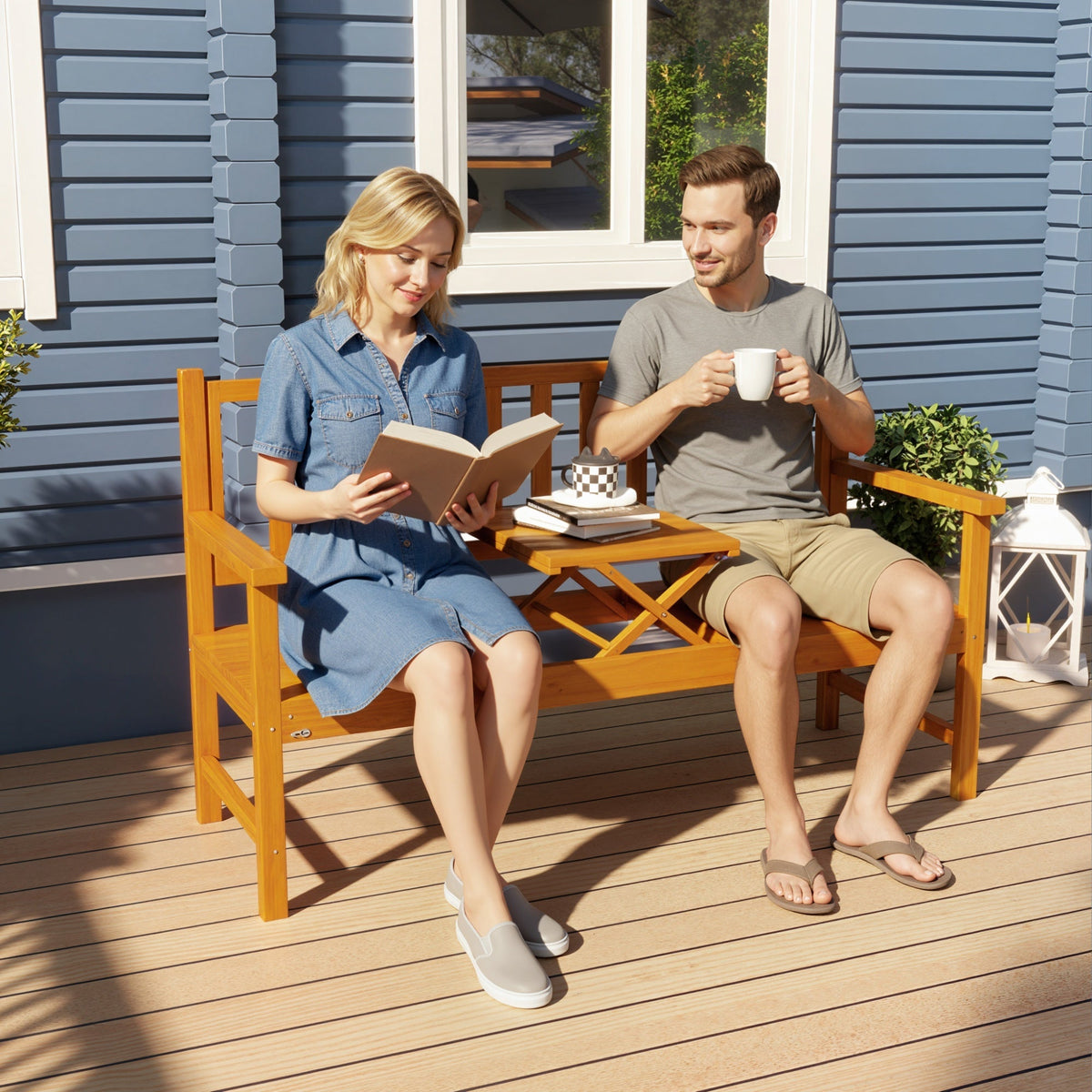 Orange pine wood wooden bench with liftable middle table perfect for outdoor patio or garden seating 2-3 people