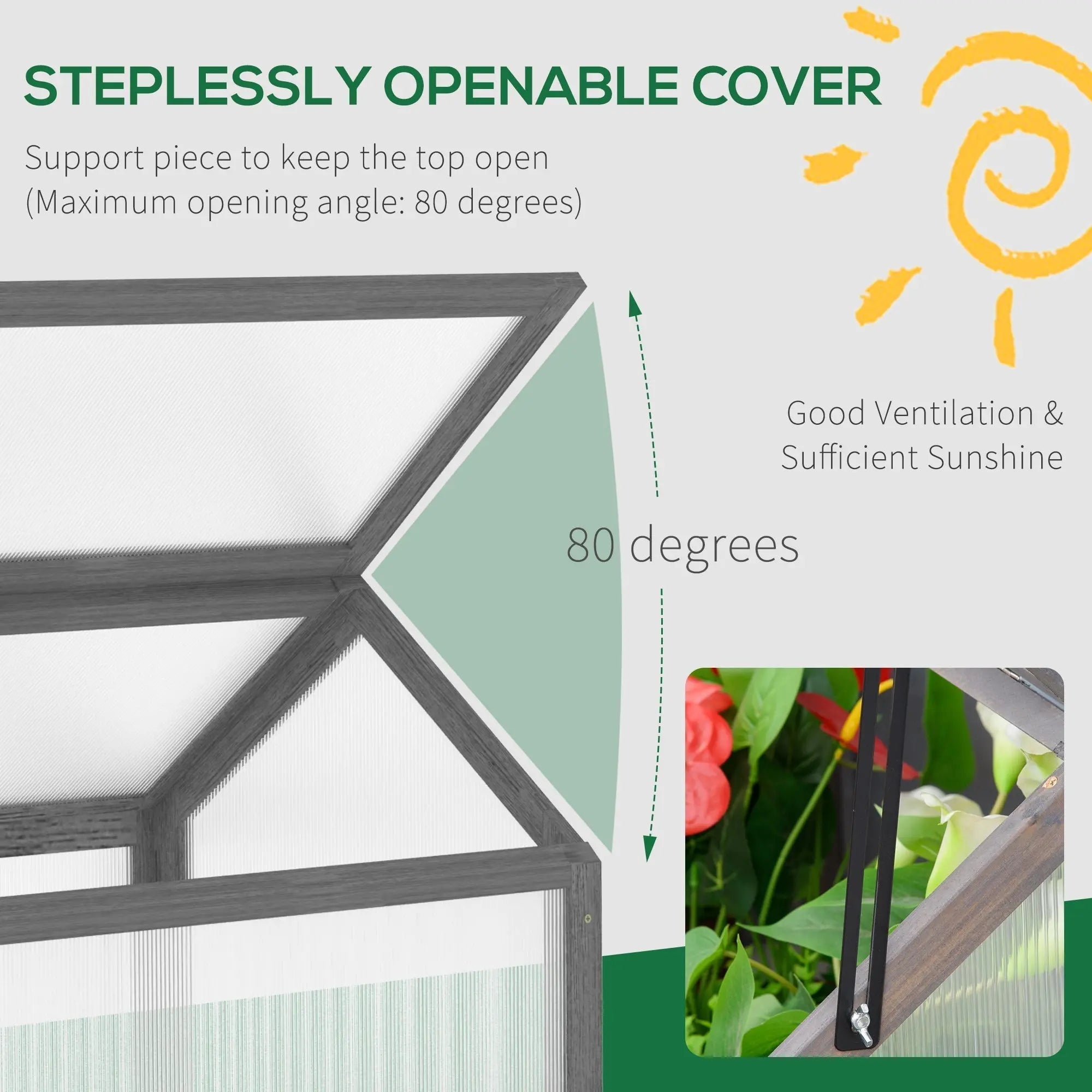 Gray wooden cold frame greenhouse with stepless openable polycarbonate cover for ventilation and sunlight exposure