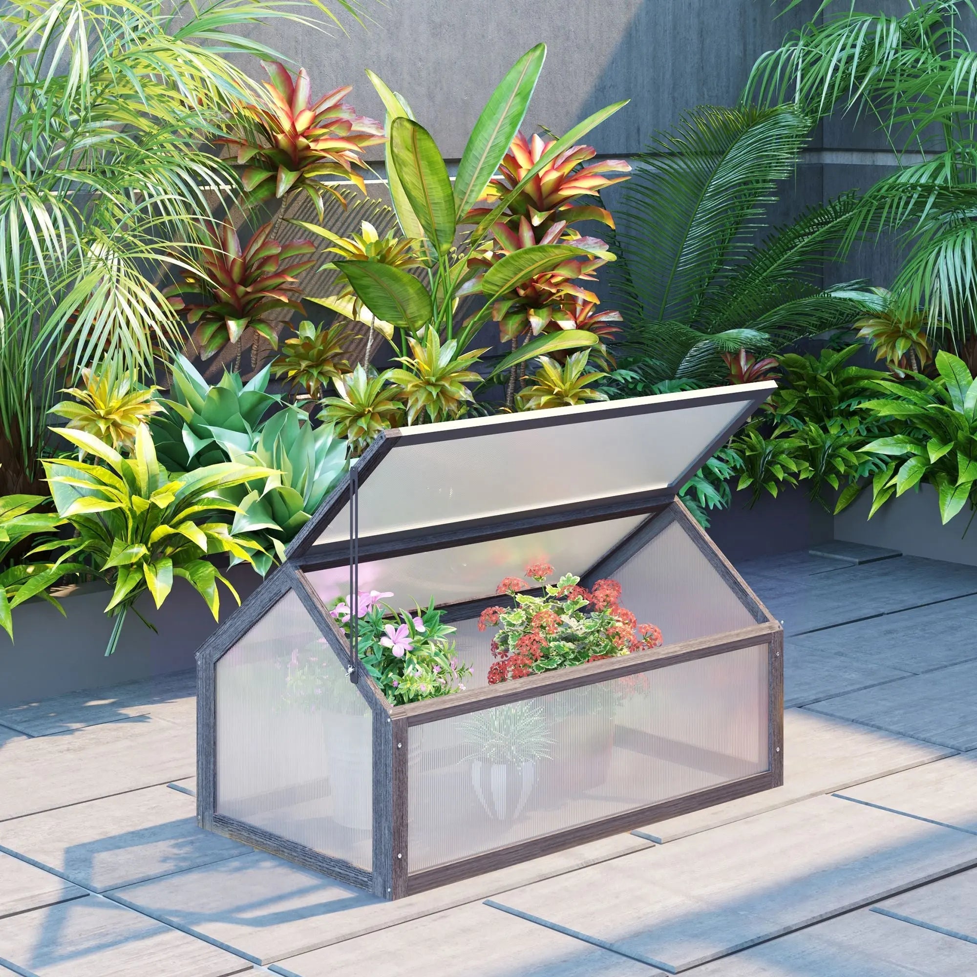 Outsunny wooden cold frame greenhouse with dark frame polycarbonate panels and open top cover housing vibrant plants
