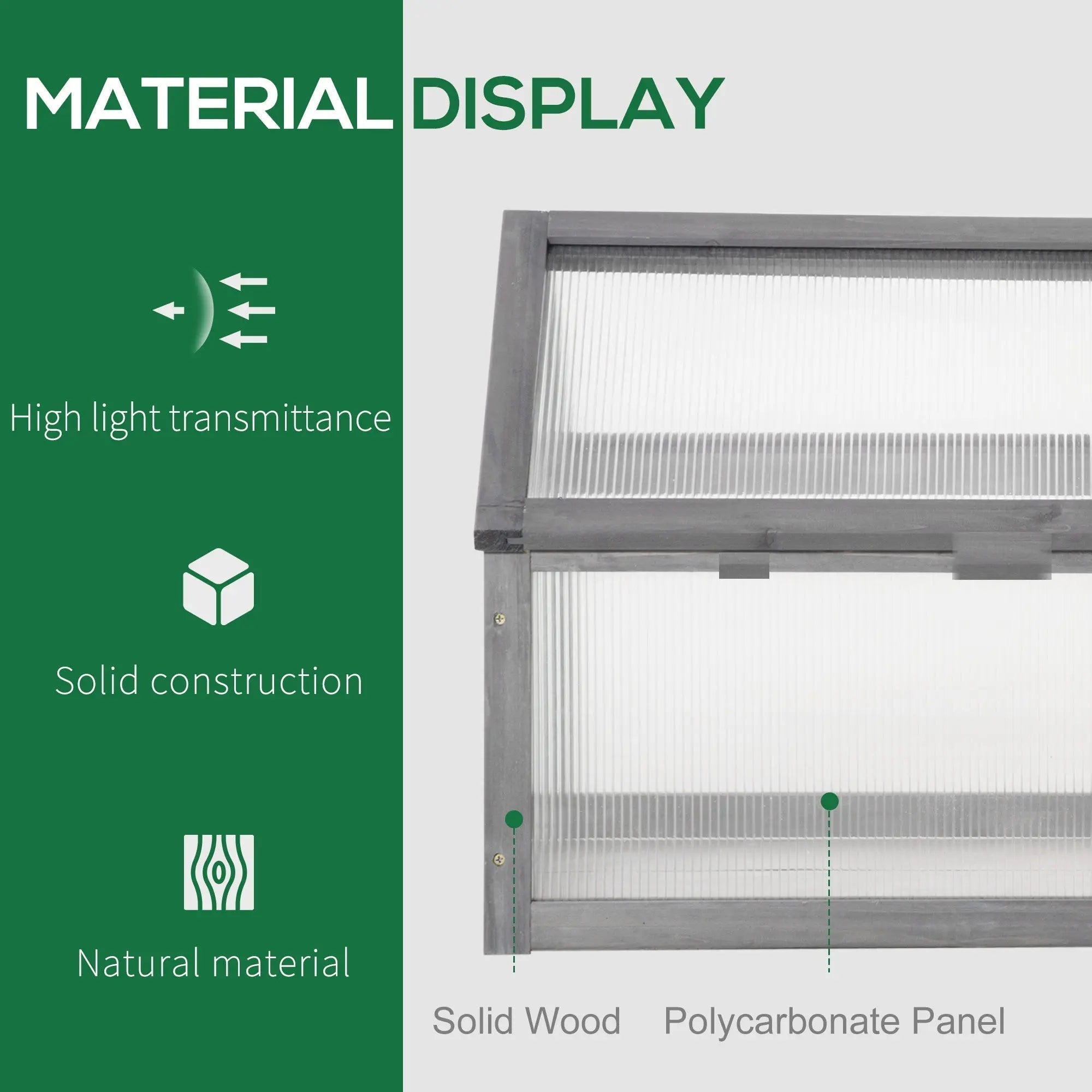 Gray framed cold frame greenhouse with translucent polycarbonate panels and solid wood frame for growing plants