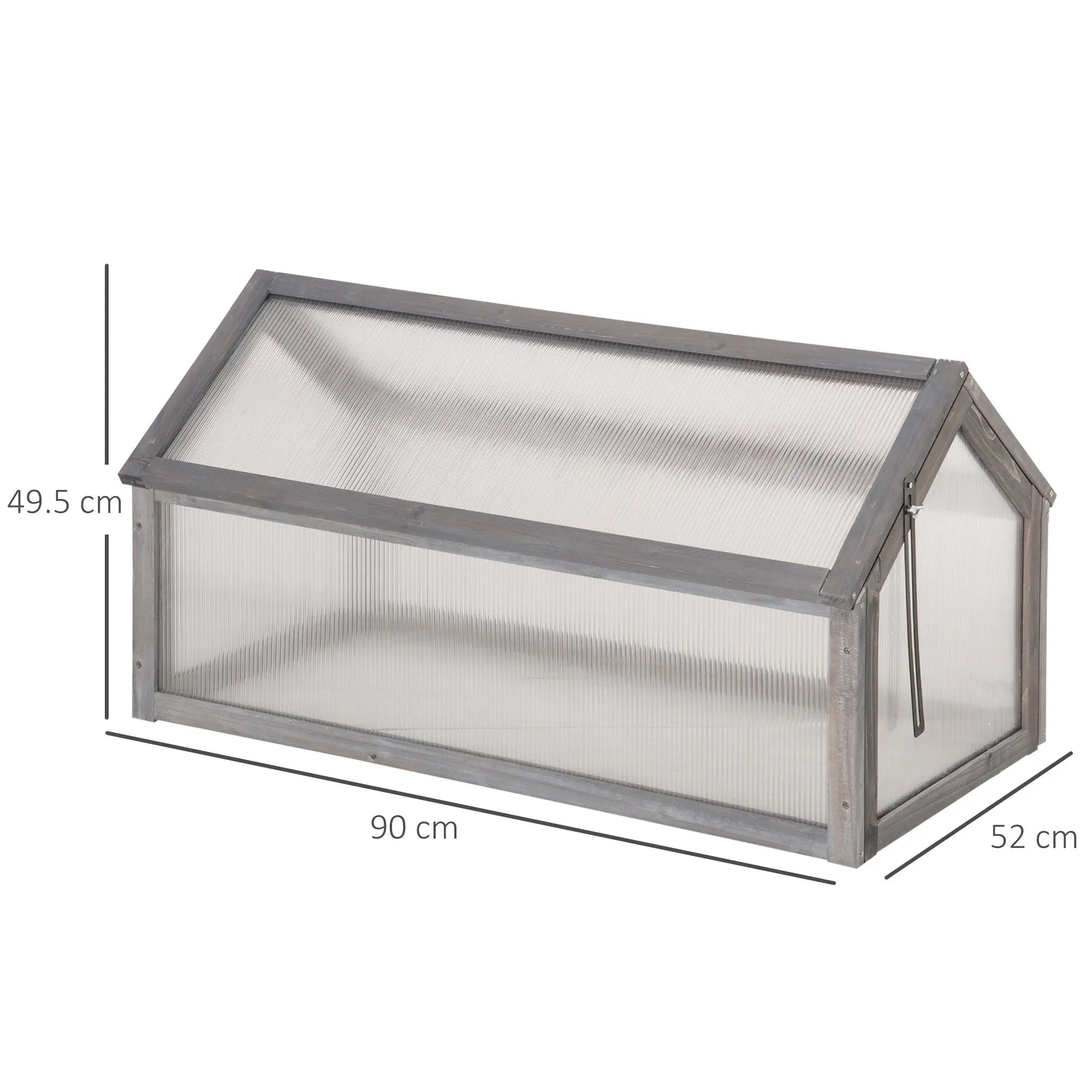 Gray framed cold frame greenhouse with ribbed plastic panels and openable top cover for growing plants