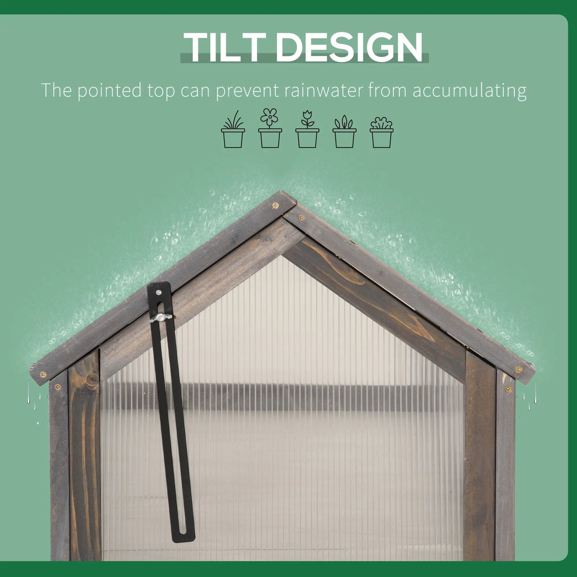 Wooden cold frame greenhouse with grey polycarbonate roof and black metal tilt mechanism for growing plants