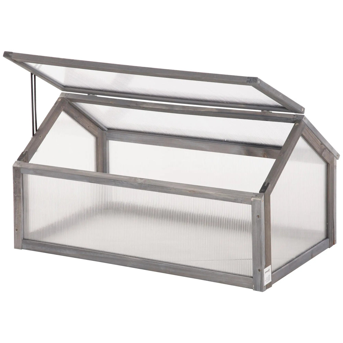 Gray metal-framed cold frame greenhouse with translucent ribbed plastic panels and hinged glass roof for growing plants