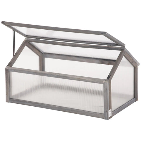 Gray metal-framed cold frame greenhouse with translucent ribbed plastic panels and hinged glass roof for growing plants