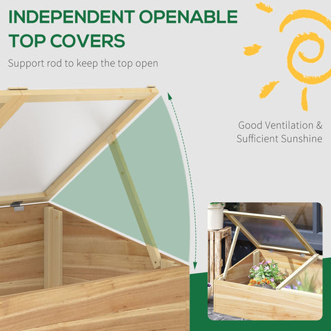 Light-colored wooden cold frame greenhouse with transparent hinged top cover for ventilation and sunlight, outsunny model