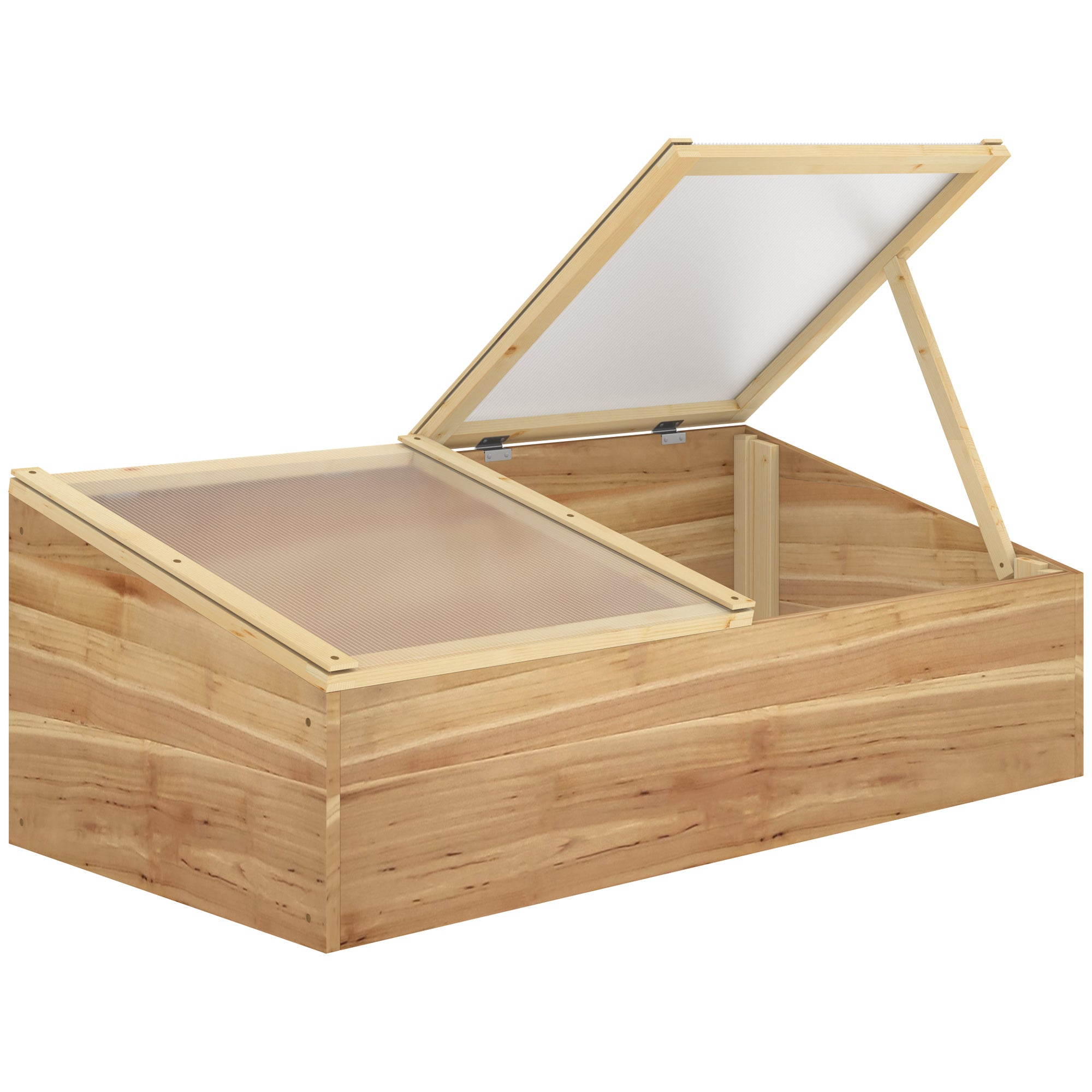 Light-colored wooden cold frame greenhouse with hinged glass lid and mesh screen for flowers and vegetables