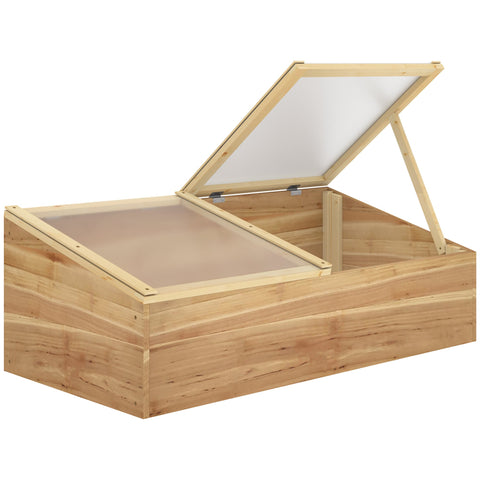 Light-colored wooden cold frame greenhouse with hinged glass lid and mesh screen for flowers and vegetables