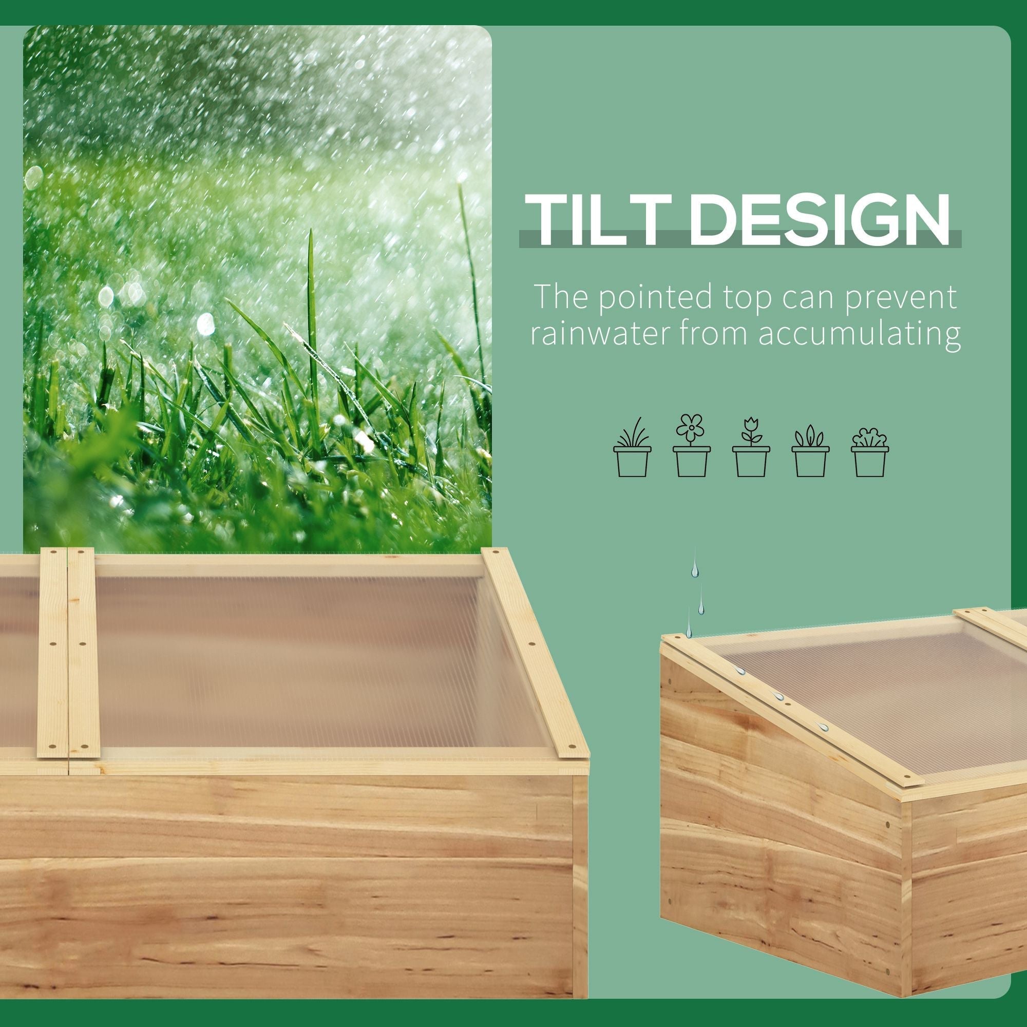 Light-colored wooden cold frame greenhouse with tilt design and pointed top for rainwater runoff by outsunny