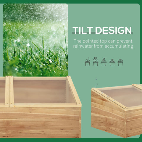 Light-colored wooden cold frame greenhouse with tilt design and pointed top for rainwater runoff by outsunny