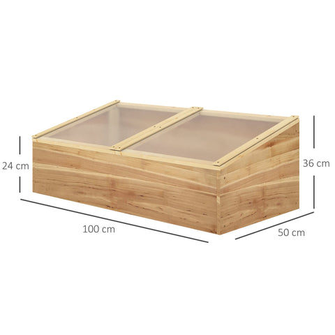 Light-colored wooden cold frame greenhouse with slanted mesh top for growing flowers and vegetables outdoors