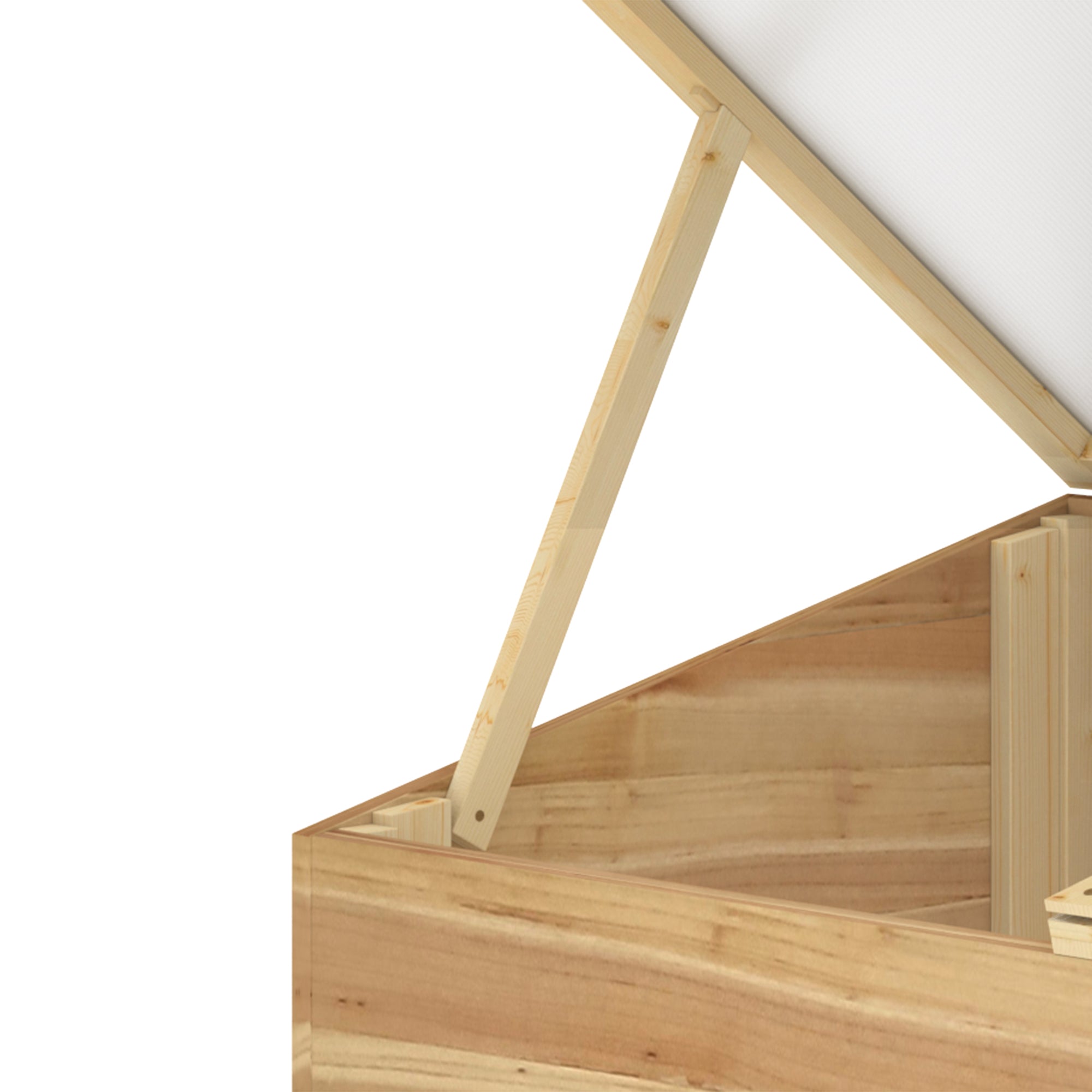 Light-colored wooden cold frame greenhouse with slanted lid and angled supports for growing plants and vegetables