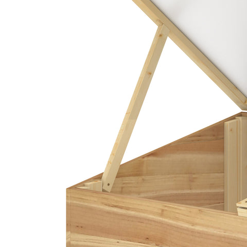 Light-colored wooden cold frame greenhouse with slanted lid and angled supports for growing plants and vegetables
